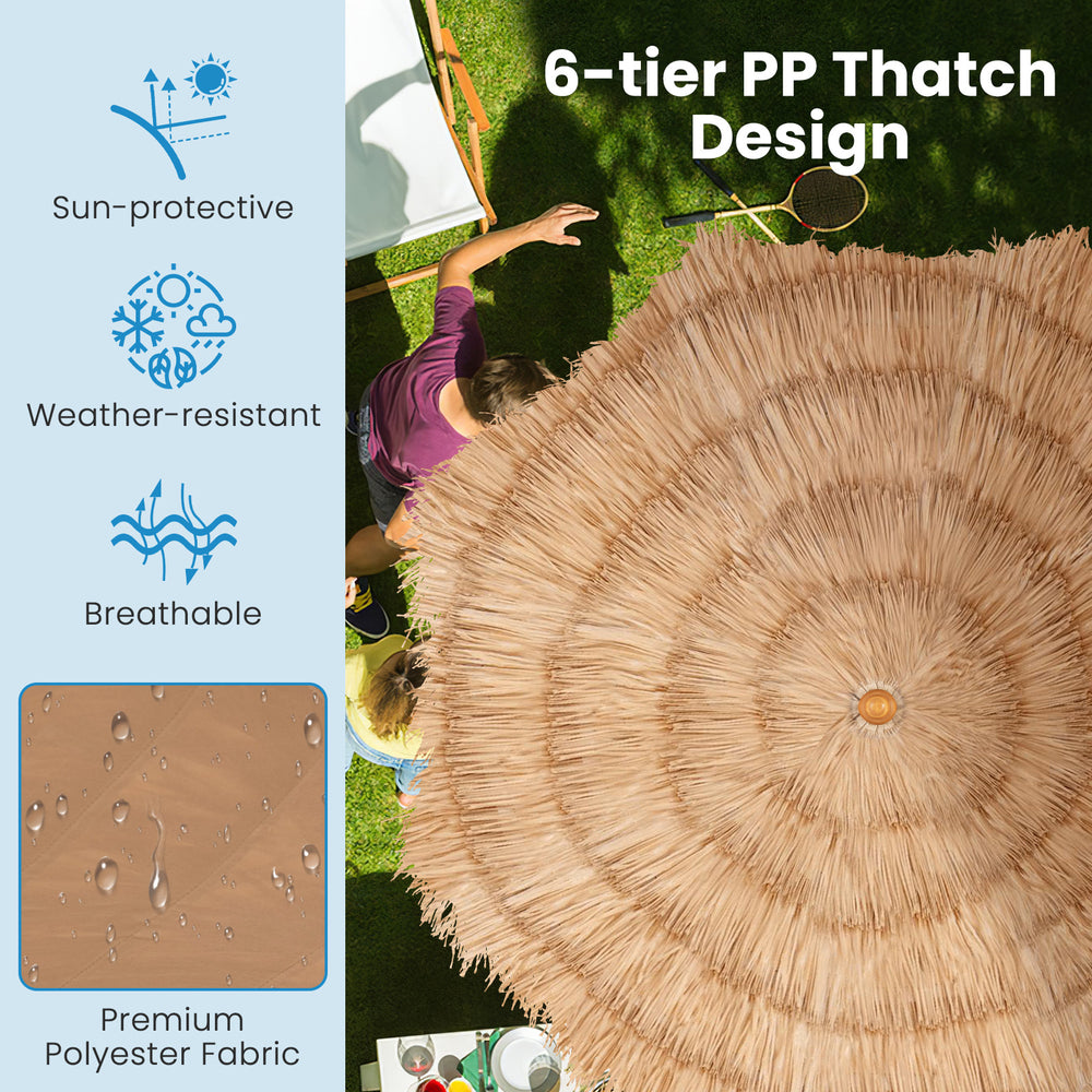 6.5 feet thatched tiki umbrella with foldable stand, sun-protective polyester fabric, ideal for outdoor shade.