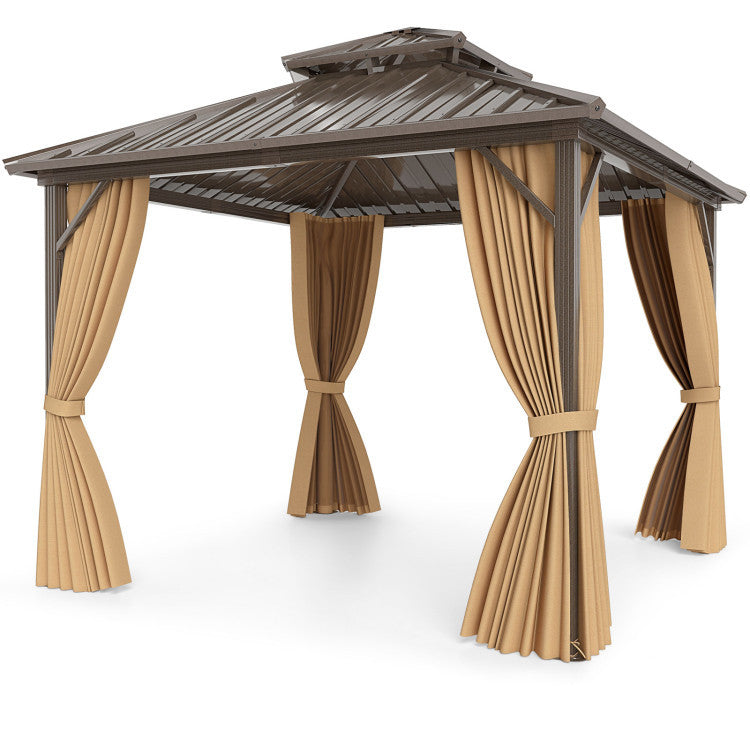 Hardtop gazebo with beige curtains and galvanized steel roof, ideal for outdoor patios and gardens.