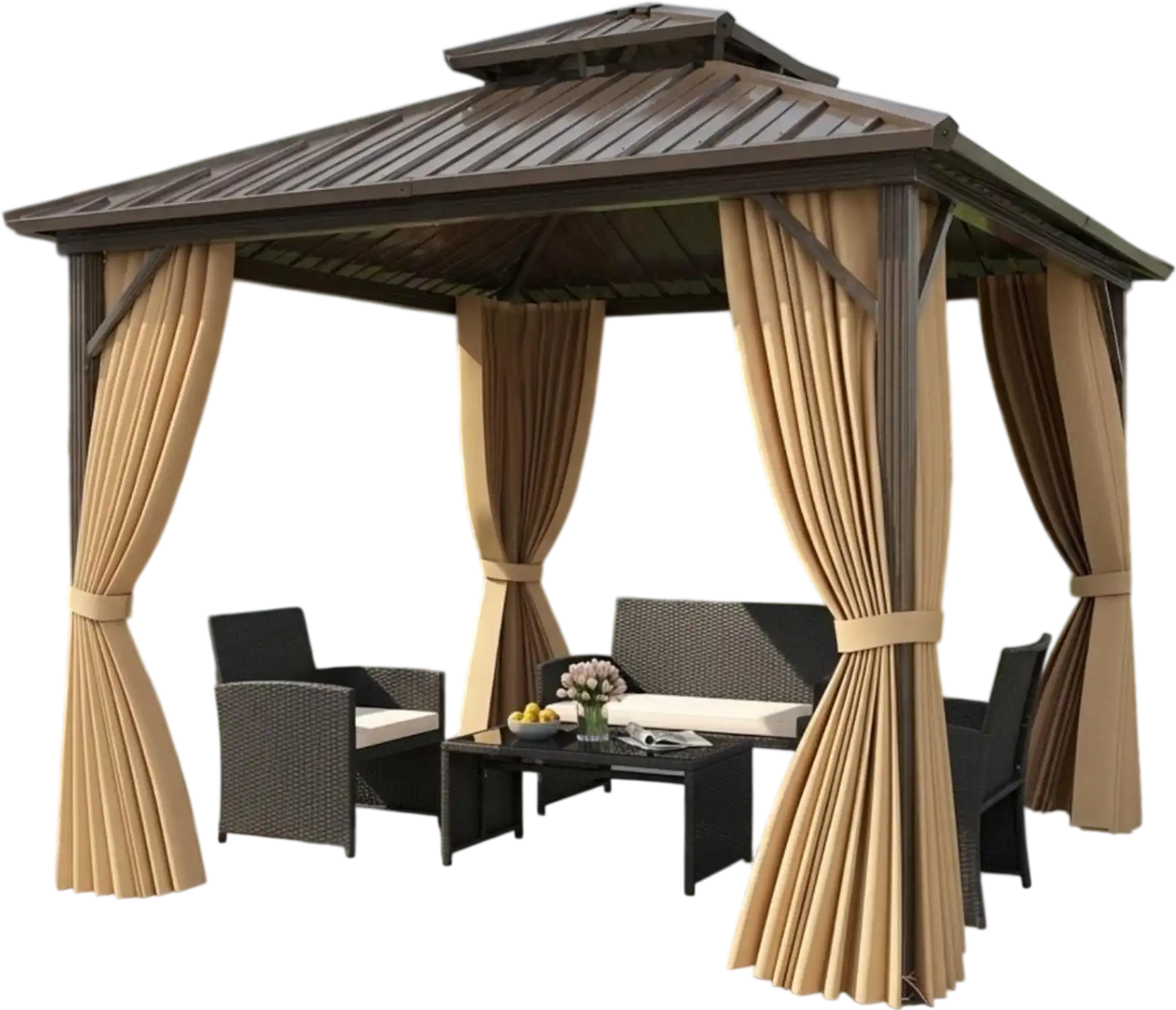 Costway Hardtop Gazebo & 4-Pc Rattan Patio Lounge Set 64592023 New