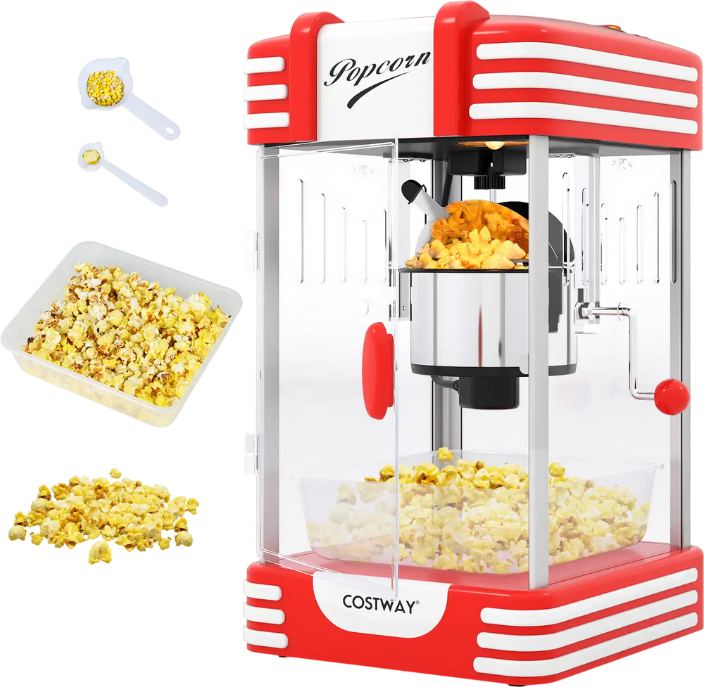 Theater style countertop popcorn maker in red with stainless steel kettle, perfect for quick and delicious popcorn at.
