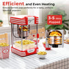 Theater style countertop popcorn maker in red with stainless steel kettle, efficient heating for 3-5 minute popping.