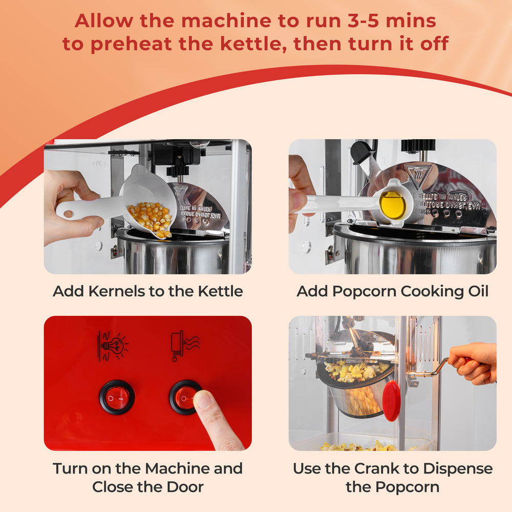 Popcorn maker with stainless steel kettle, showing kernel addition, oil pouring, and one-touch operation for easy use.