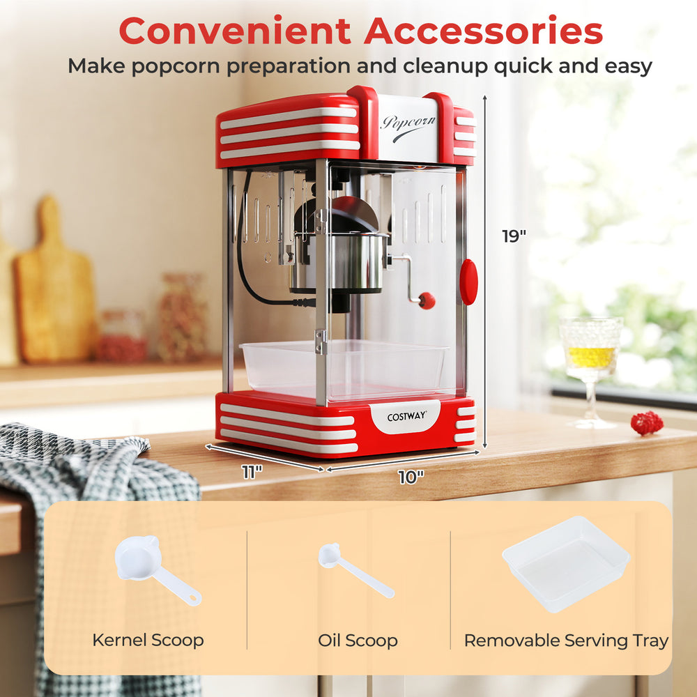 Theater style countertop popcorn maker in red with stainless steel kettle, ideal for quick and easy popcorn preparation.