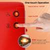 Close-up of the one-touch operation buttons on the red countertop popcorn maker with stainless steel kettle.