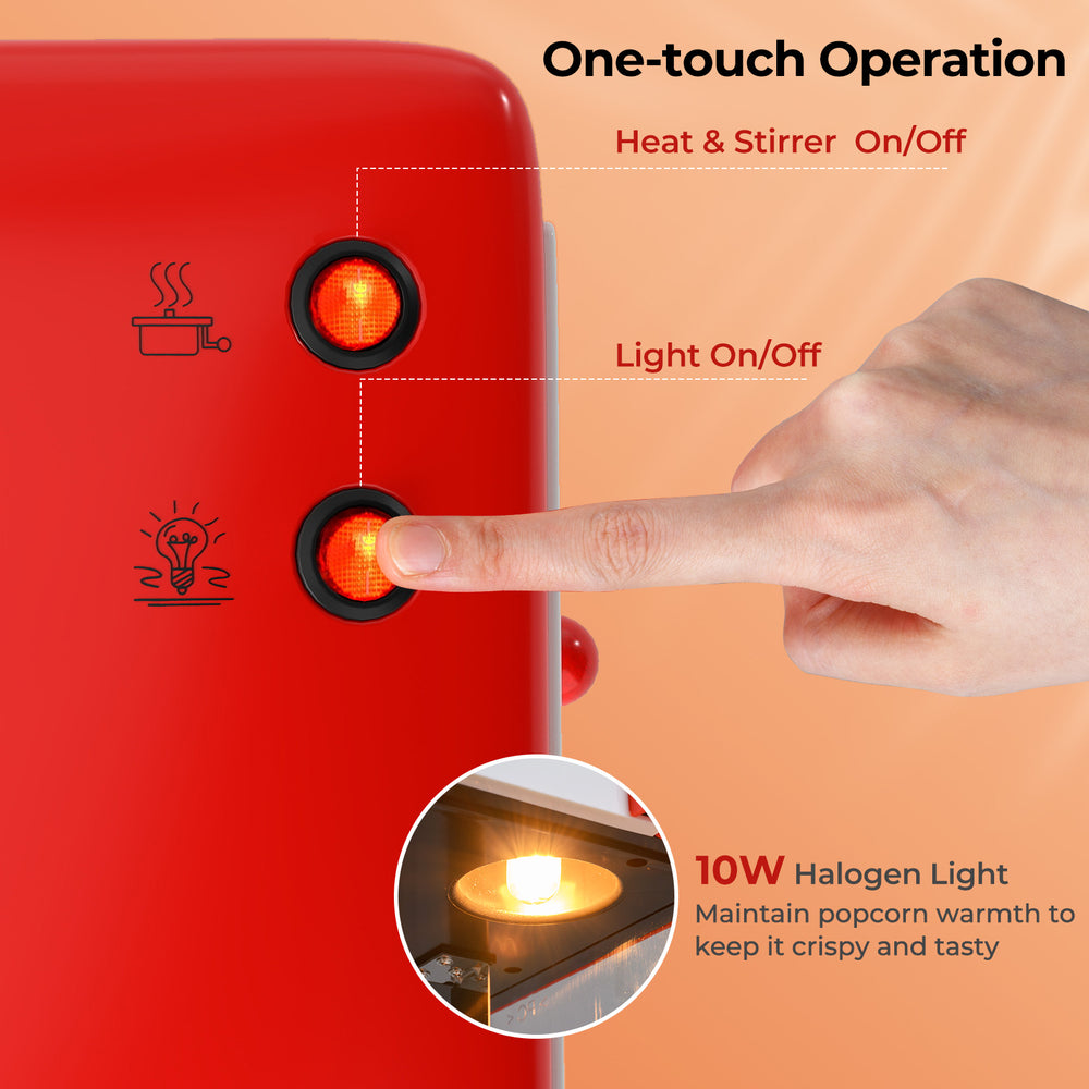 Close-up of the one-touch operation buttons on the red countertop popcorn maker with stainless steel kettle.