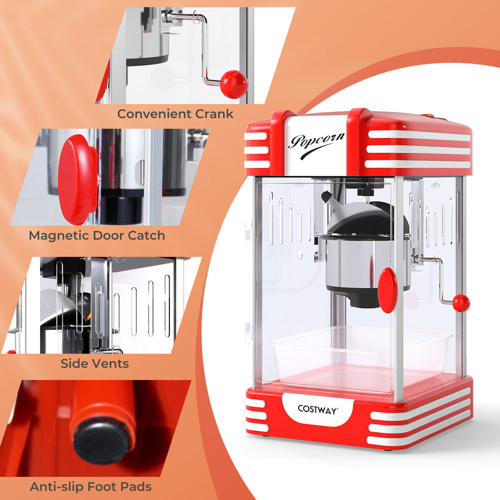 Theater style countertop popcorn maker in red with stainless steel kettle, featuring a convenient crank and anti-slip.