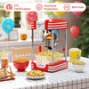 Theater style countertop popcorn maker in red with stainless steel kettle, perfect for fast and delicious popcorn.