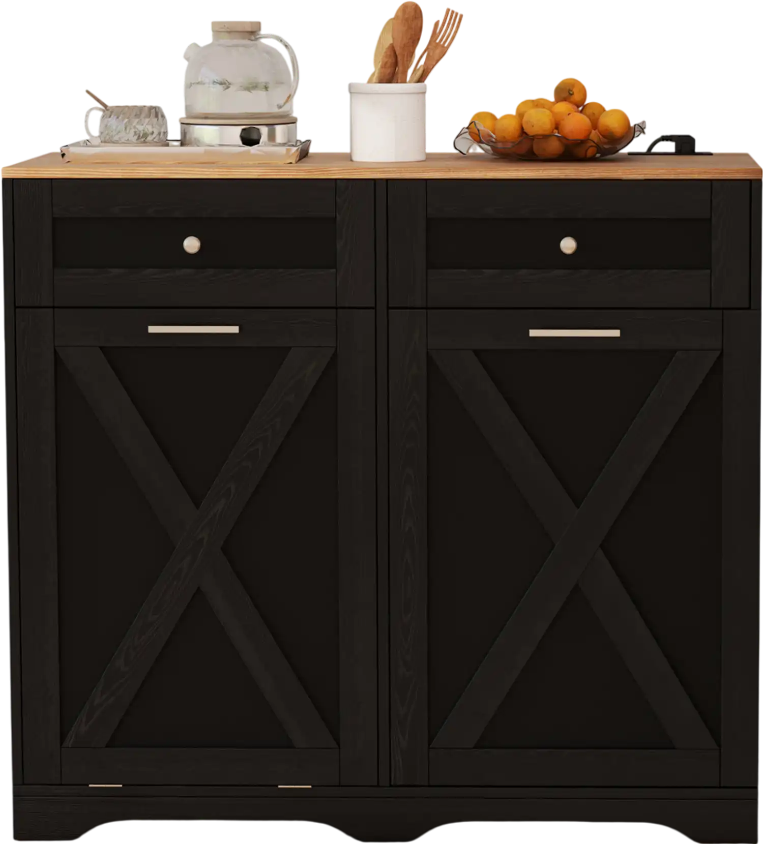 Costway Tilt-Out Trash Can Cabinet with Outlets Adjustable Shelf Black 564312978 New