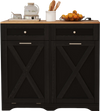 Tilt Out Trash Can Cabinet in black with a wood countertop, featuring drawers, outlets, and rustic barn-style doors.