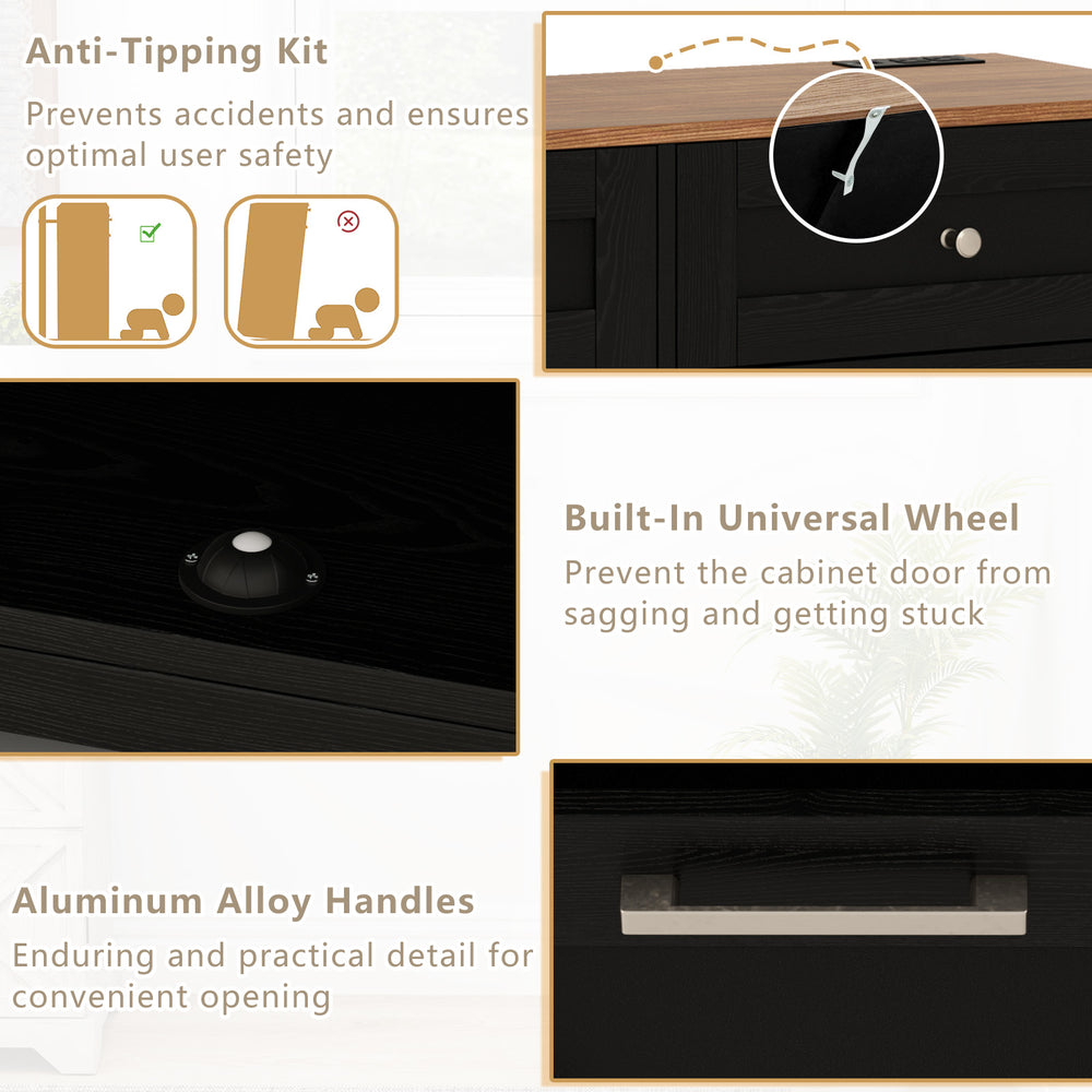 Tilt Out Trash Can Cabinet in black with aluminum alloy handles, adjustable shelves, and built-in power strip for.