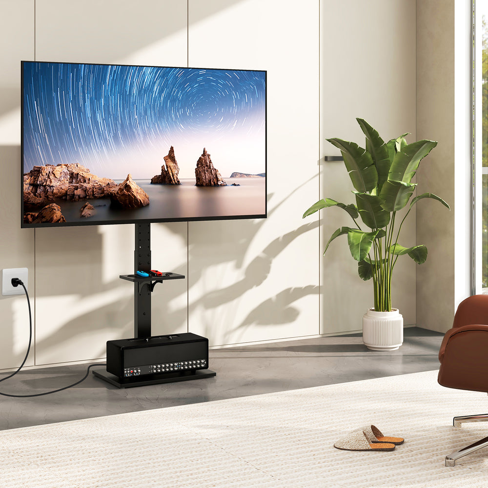 Tilt and height adjustable floor TV stand for 32"-70" TVs with built-in power outlet and adjustable AV shelf, perfect.