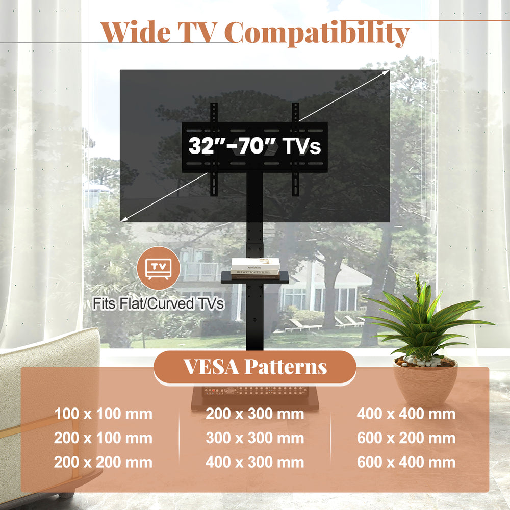 Tilt and height adjustable floor TV stand for 32"-70" TVs with built-in power outlet and adjustable AV shelves.