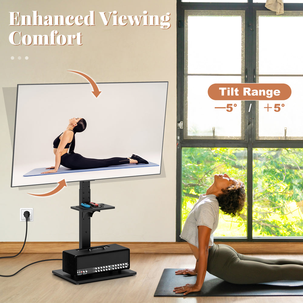 Tilt and height adjustable floor TV stand for 32"-70" TVs, featuring a 5° tilt range and built-in power outlet for.