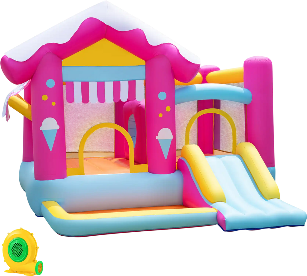 Colorful inflatable bounce house with slide, featuring a high-performance air blower for quick inflation and secure setup.