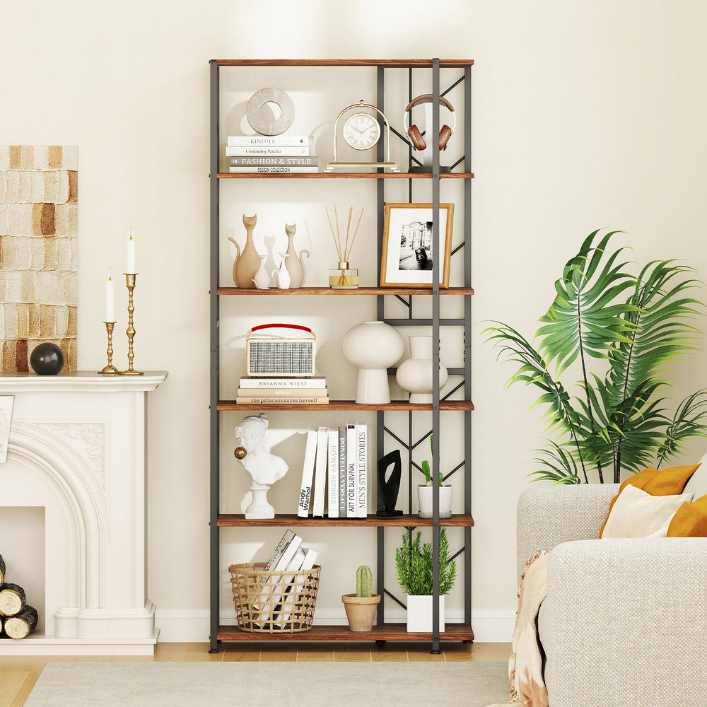 6-tier bookshelf with rustic brown finish and metal frame, featuring open shelves for plants and decor in a stylish.