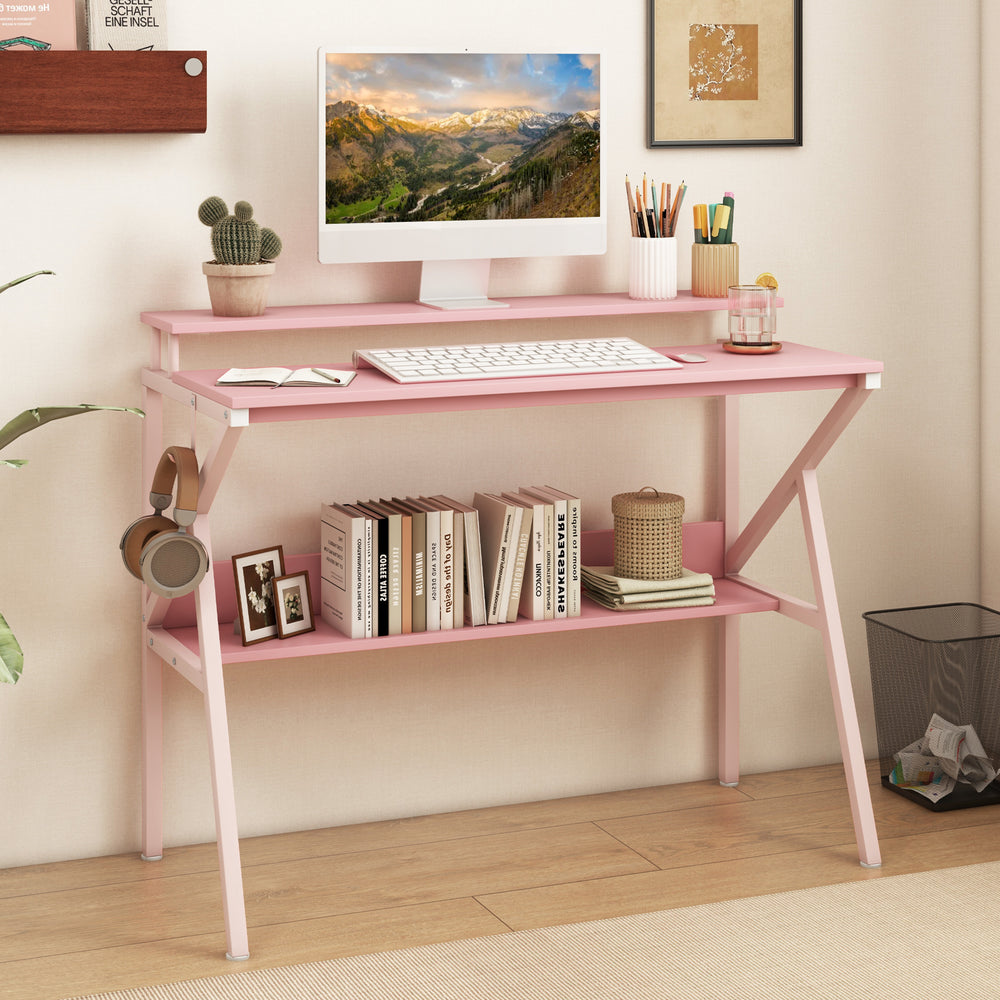 Space Saving Computer Desk with Monitor Stand and Extra Storage Shelf for Work Study-Pink - Gallery View 1 of 10
