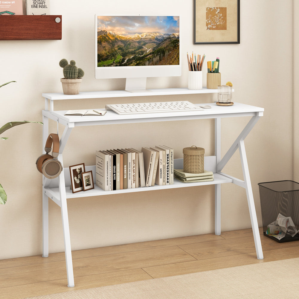Space Saving Computer Desk with Monitor Stand and Extra Storage Shelf for Work Study-White - Gallery View 1 of 10