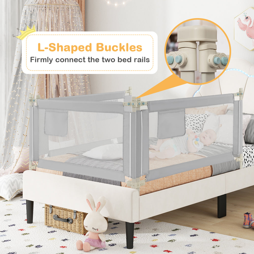 Toddler bedrail in gray with side pocket, featuring adjustable heights and safety locks for secure mattress fitting.