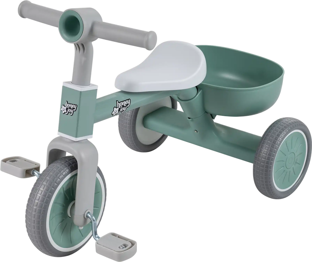 Toddler convertible trike in green with carbon steel frame, limited steering angle, and detachable back storage basket.
