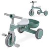 Toddler convertible trike in green with carbon steel frame, detachable storage basket, and limited steering angle for.