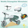 Toddler convertible trike in green with a comfortable seat, storage basket, and stable triangular structure for safe.