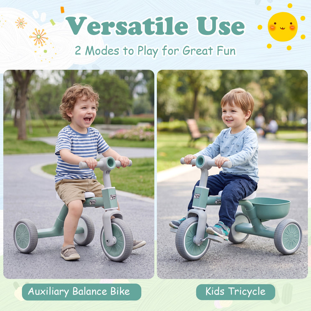 Toddler convertible trike in green, showcasing balance bike and tricycle modes for versatile outdoor fun.