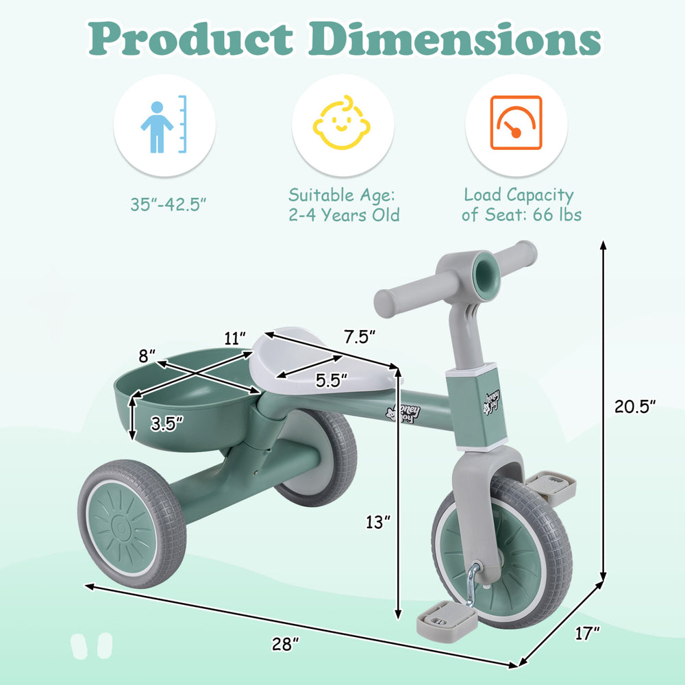 Toddler convertible trike in green with dimensions, featuring a carbon steel frame and detachable storage basket.
