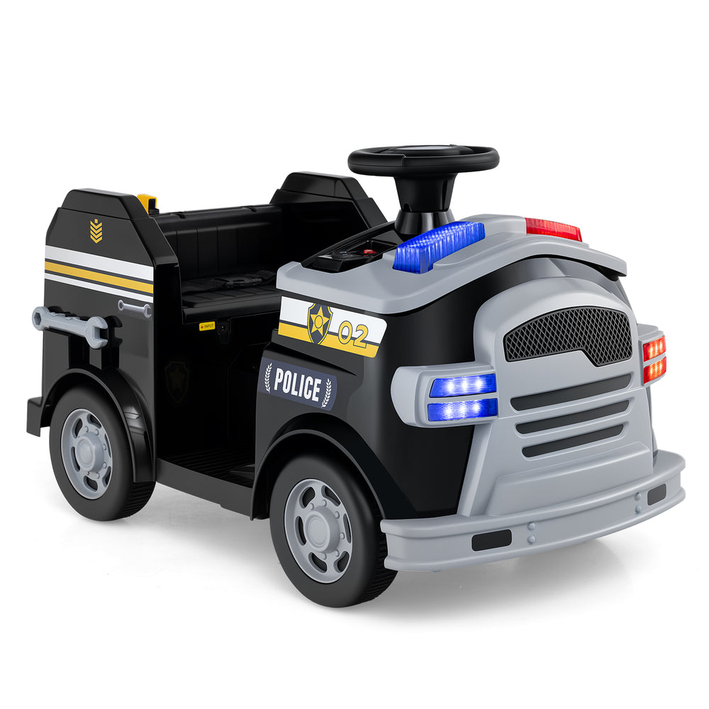 Toddler fire toy car in black with steering wheel, music player, and safety features for ages 37-95 months.