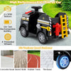 Kid's black ride-on fire toy car with dual motors, 4 wheels, and realistic controls for various road surfaces.