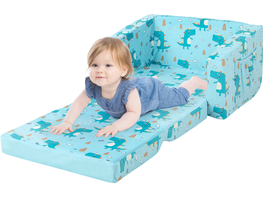Kids recliner sofa in blue with dinosaur pattern, converts to sleeper bed, ideal for comfort and playtime.