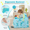 Kids recliner sofa in blue with dinosaur pattern, convertible to sleeper bed, featuring soft plush fabric and storage.