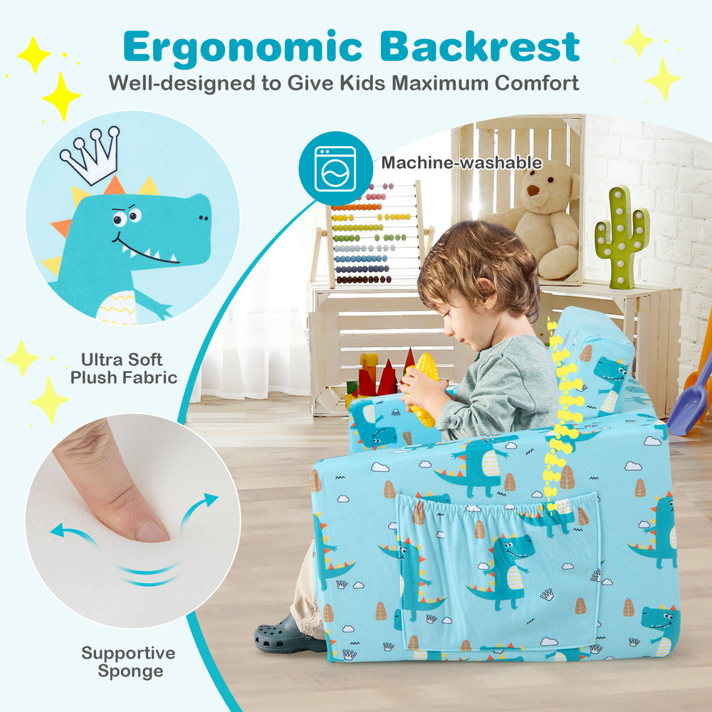 Kids recliner sofa in blue with dinosaur pattern, convertible to sleeper bed, featuring soft plush fabric and storage.