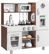 Kids kitchen playset in brown and white with smooth surfaces and round corners for enhanced safety during imaginative.