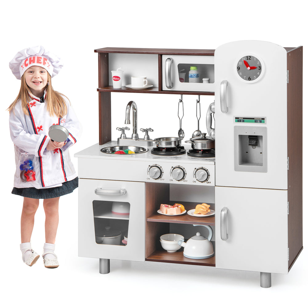 Kids kitchen playset with a child chef, featuring realistic lights, sounds, and a smooth surface for safe play.