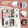 Kids kitchen playset in brown and white featuring realistic sounds, lights, and ample storage for imaginative play.