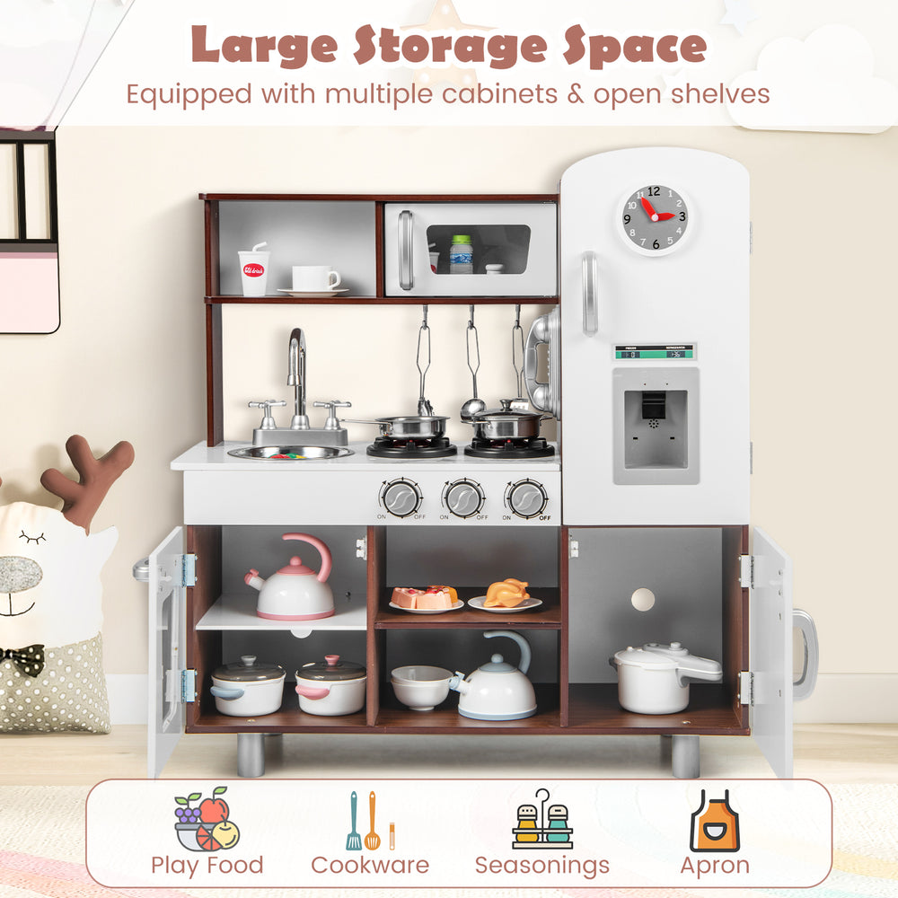 Kids kitchen playset showcasing ample storage space with cabinets and open shelves for organizing play food and.
