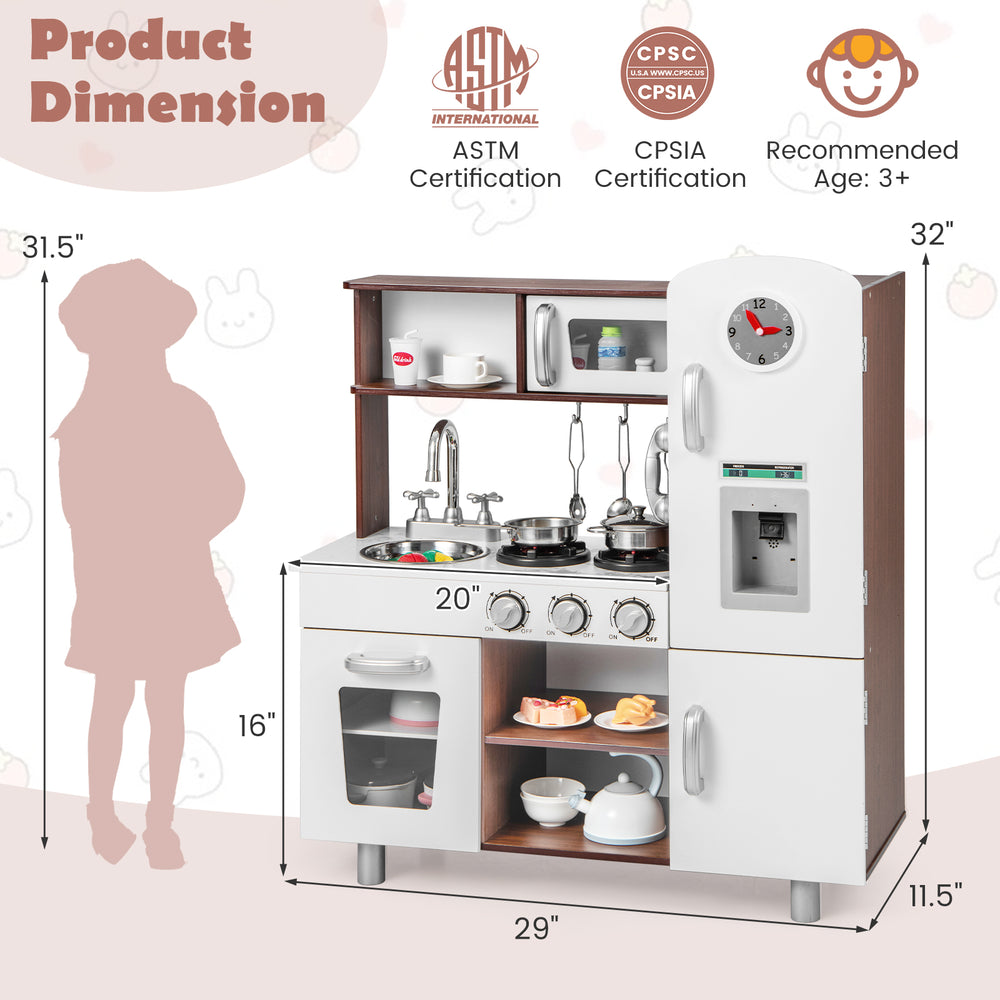Kids kitchen playset dimension chart showing height, width, and depth for perfect fit in play areas for children.