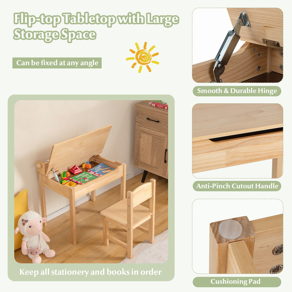 Toddler activity table with flip-top storage, solid wood legs, and paper roll holder for creative play and organization.