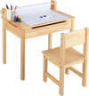 Toddler activity table and chair set in natural wood with paper roll holder, markers, and flip-top storage design.