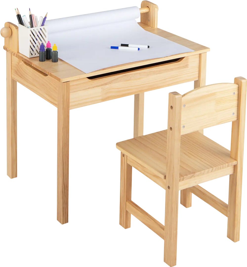 Toddler activity table and chair set in natural wood with paper roll holder, markers, and flip-top storage design.