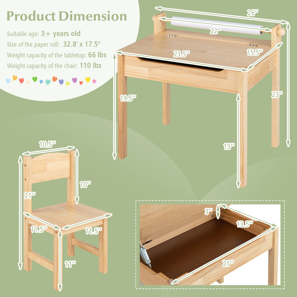 Toddler multifunctional activity table and chair set with paper roll holder, featuring solid wood legs and ample.