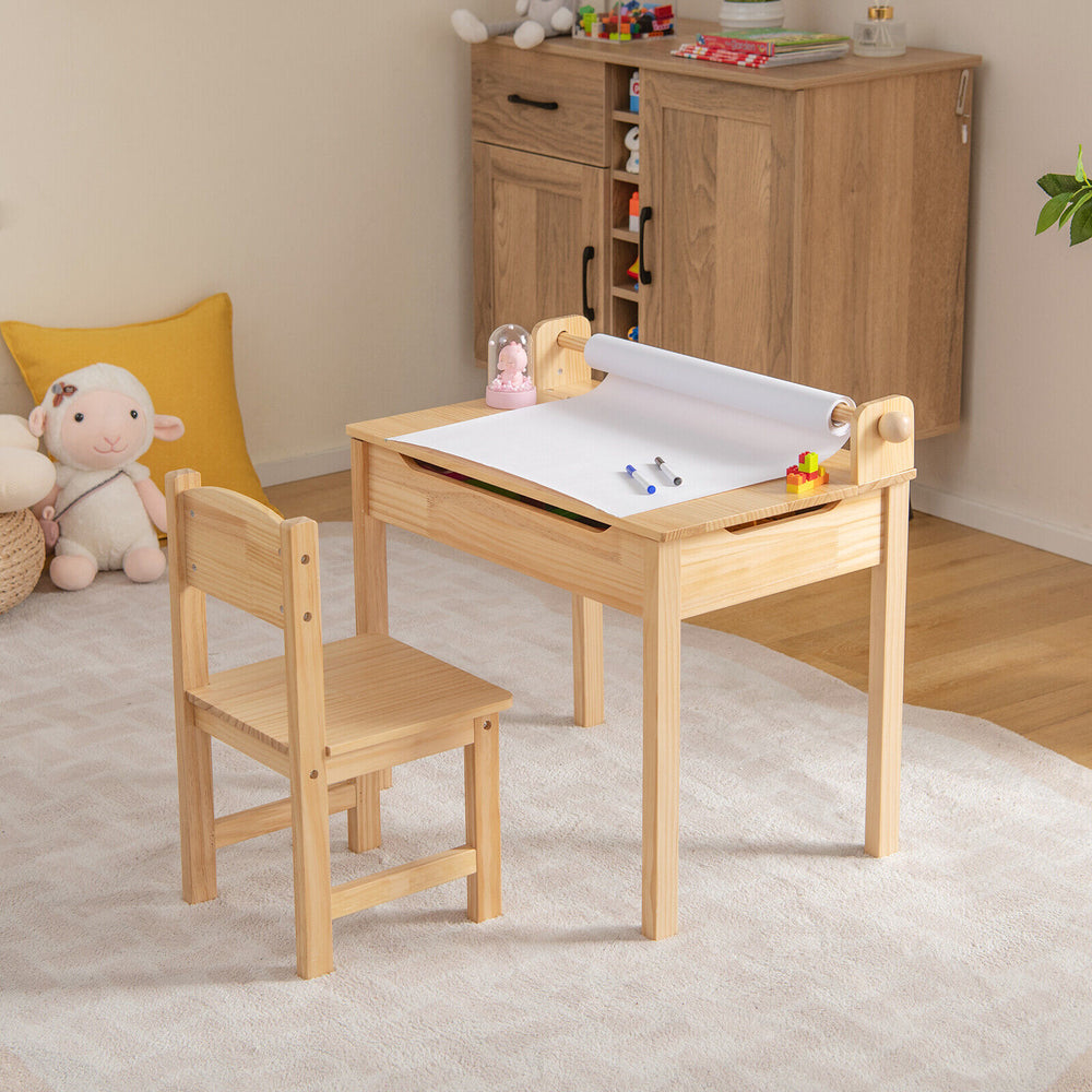 Toddler activity table and chair set in natural wood with paper roll holder, designed for creative play and easy.