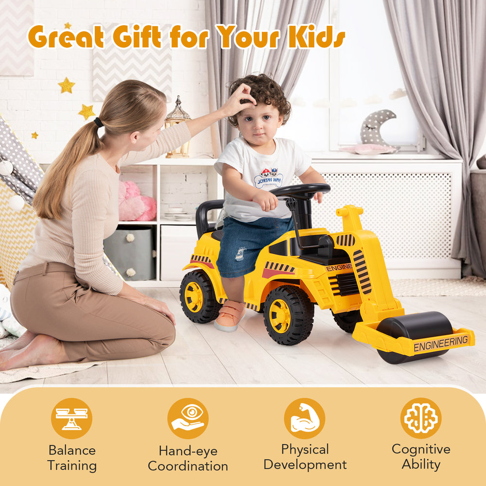 Toddler ride-on car in yellow with adjustable roller, under-seat storage, and comfortable backrest for kids' play.