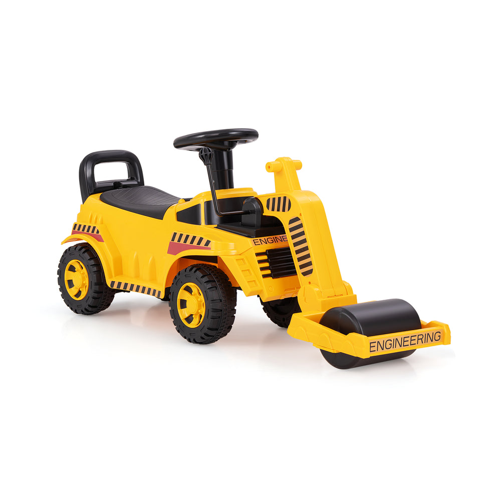 Toddler ride-on car in yellow with adjustable roller, under-seat storage, and puncture-proof wheels for fun playtime.