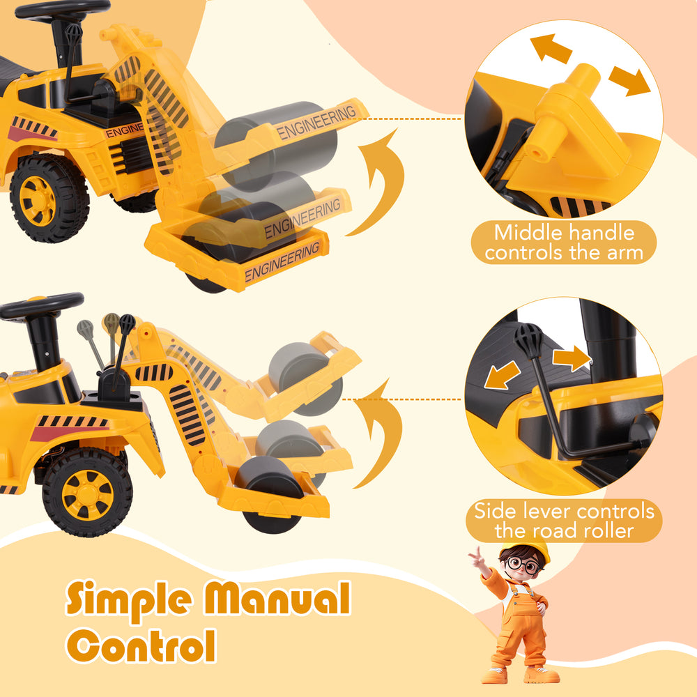 Toddler ride-on car in yellow with adjustable roller, featuring manual controls and under-seat storage for toys.