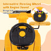 Interactive steering wheel of the yellow toddler ride-on car with engine sound, designed for immersive play and storage.