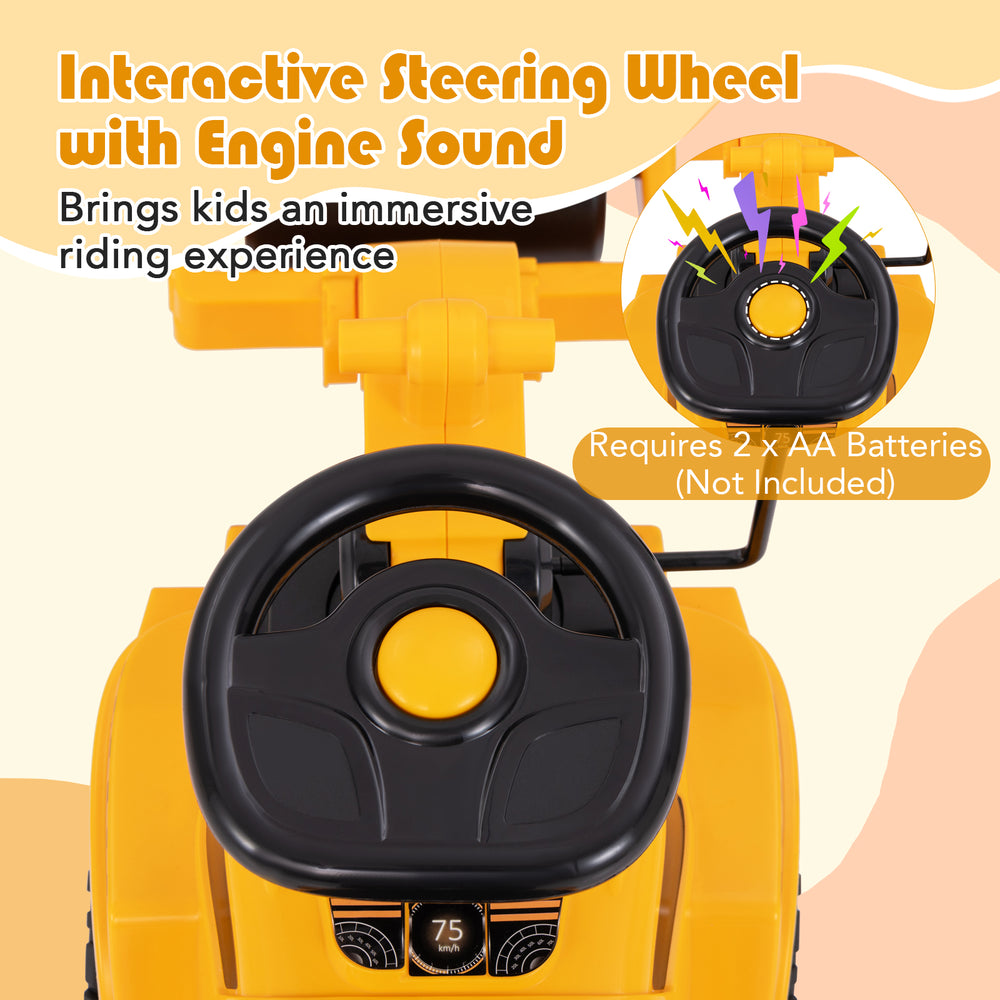 Interactive steering wheel of the yellow toddler ride-on car with engine sound, designed for immersive play and storage.