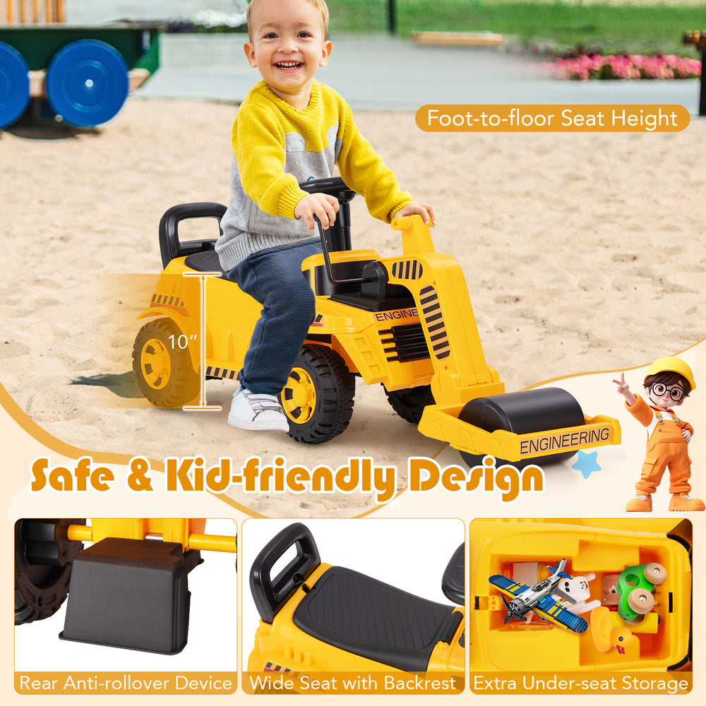 Toddler ride-on car in yellow with adjustable roller, spacious seat, and under-seat storage for toys and snacks.