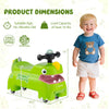 Toddler ride-on toy car in green with dinosaur design, featuring lights, sounds, and under-seat storage for kids 18+.