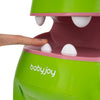 Close-up of the green toddler ride-on toy with press-able dinosaur teeth, featuring lights and sounds for interactive.